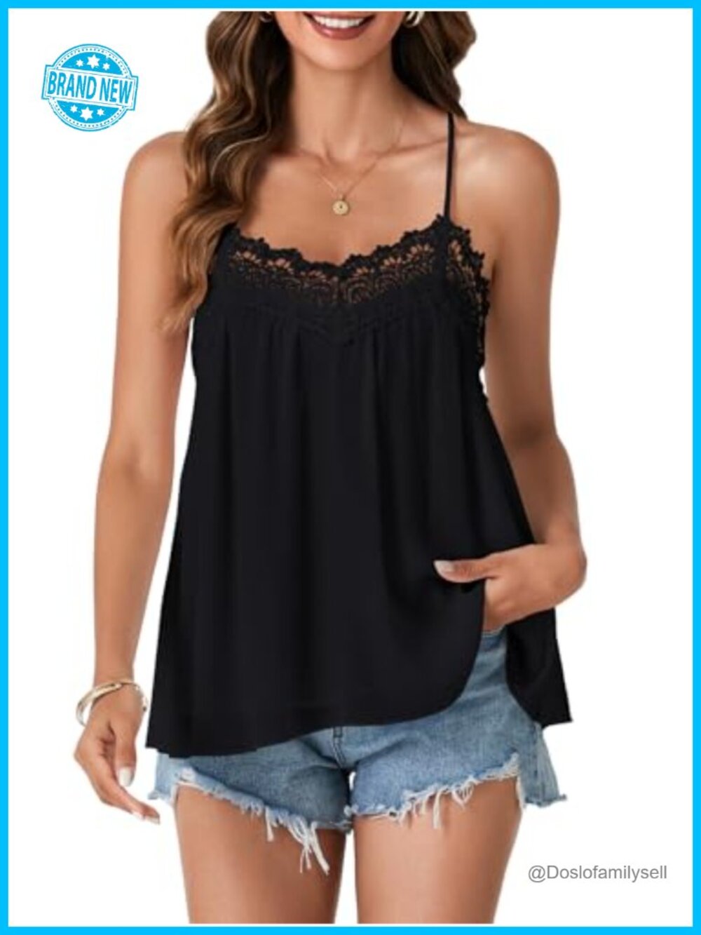 Women's Lace Trim Spaghetti Strap V-Neck Peplum Tank Top